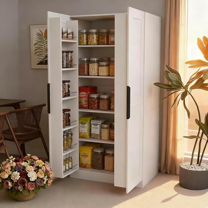 Tall Freestanding Pantry Cabinet for Kitchen, White Storage with Doors & Shelves, 31.5" Wide Organizer for Dining & Living Room