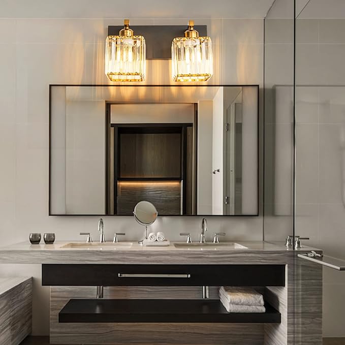 Modern Bathroom Vanity Light 2-Lights Black Gold Crystal Bathroom Wall Light Vanity Light Fixturesï¼?2.59-inch Modern Minimalist Design