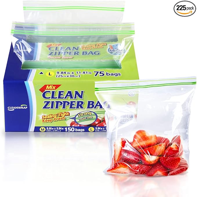 CLEANWRAP Clean Zipper Bag (Mix 225) - Food Storage Plastic Bags for Food, Food Slider Bag, Zip Lock I Medium Zip Bags for Storage