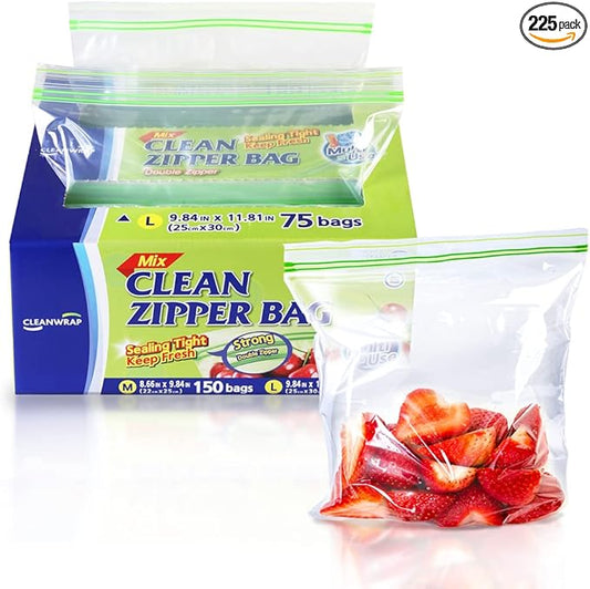 CLEANWRAP Clean Zipper Bag (Mix 225) - Food Storage Plastic Bags for Food, Food Slider Bag, Zip Lock I Medium Zip Bags for Storage