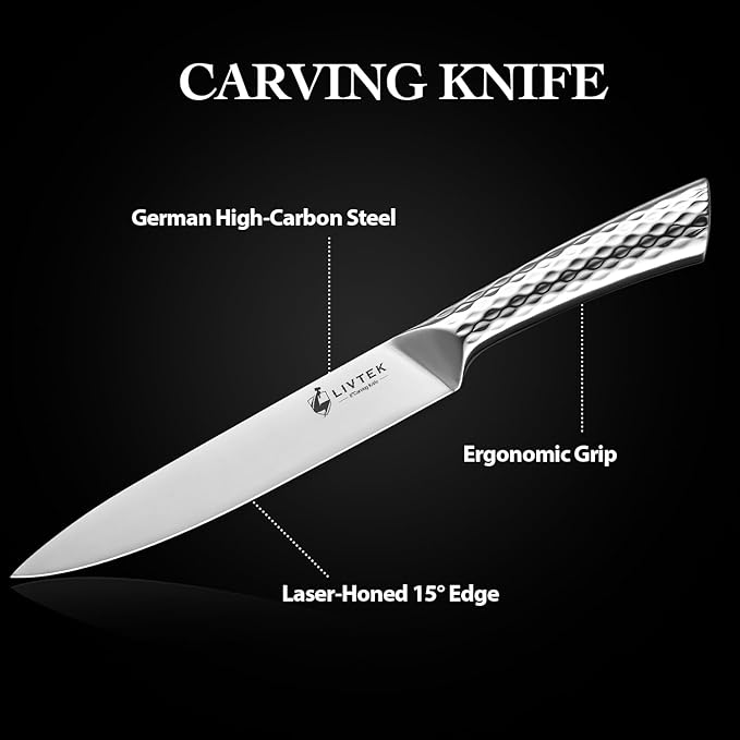 Livtek Carving Knife and Fork Set 8" Slicing Knife and 7" Fork - German High Carbon Stainless Steel - Brisket Slicer, Turkey Carving, BBQ Tools - Thanksgiving Dinner Gift Set