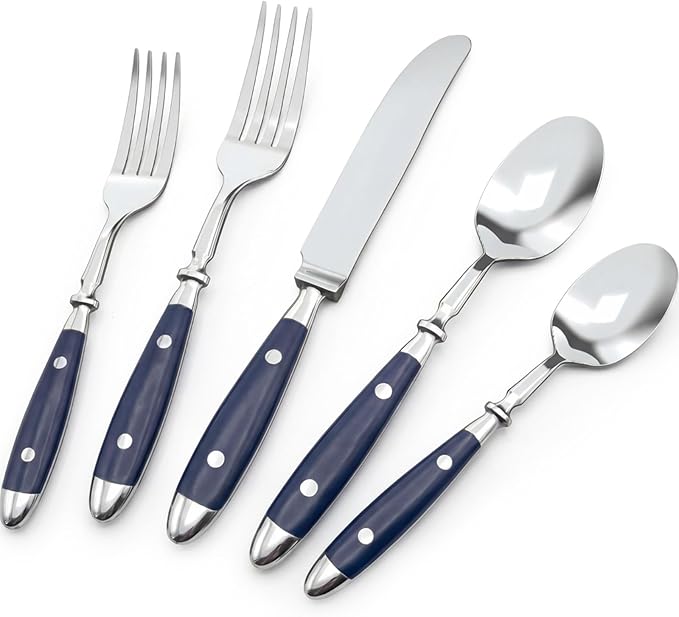 Retro Blue 20-Piece Silverware Set, 304 Riveted Stainless Steel Cutlery Set, Vintage Flatware Set with Blue Bakelite Handle, Dishwasher Safe| Service for 4