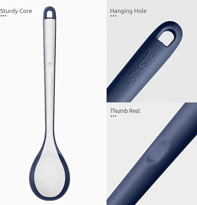 600쨘F Heat Resistant Silicone Spoon: U-Taste 13.3in Solid Kitchen Cooking Spoon, Nonstick Food Grade Large Soup Rubber Utensil for Mixing, Serving, Stirring, Basting, for Pot Cookware (Midnight Blue)