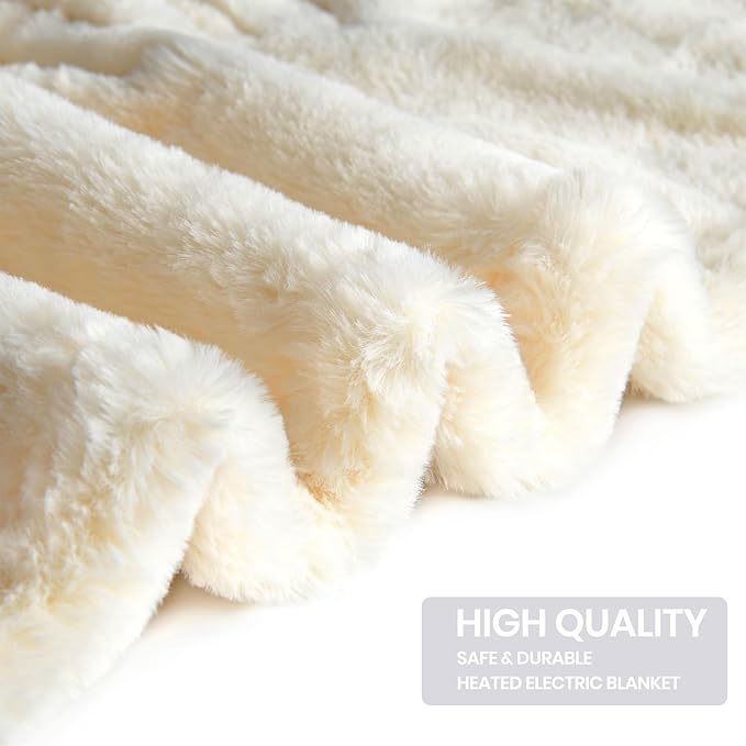 Premium Heated Throw Blanket 50"횞60" - Ultra Cosy Soft Electric Blanket with 8 Heating Levels,Plush Fast Heating Faux Rabbit Fur Blanket for Bed & Couch - Auto Shut Off,Machine Washable (Beige)