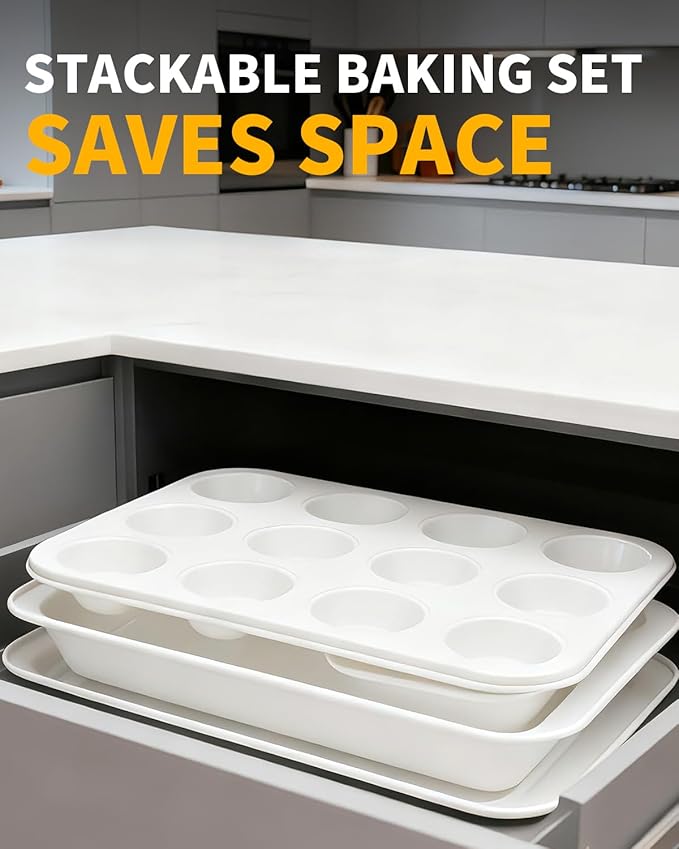 Nonstick Baking Pans Set, 19 PCS Stackable Bakeware Sets, Oven Pan Set Includes Baking Tray, Cookie Sheet, Cake Pans, Loaf Pan, Muffin Pan, Silicone Cups