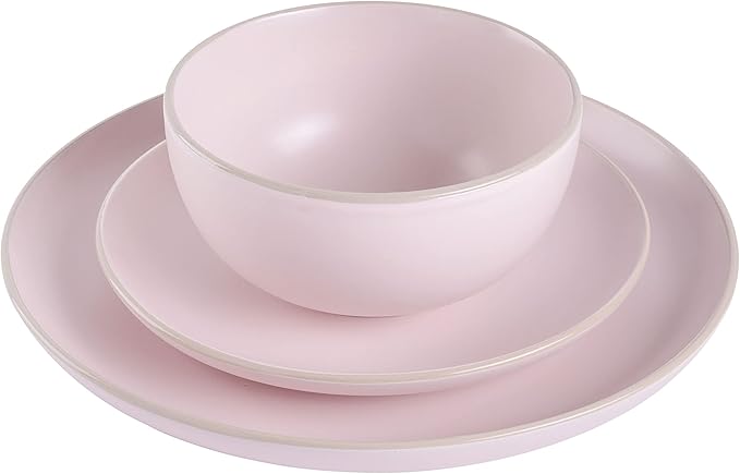 Gibson Home Rockaway 12-Piece Round Stoneware Dinnerware Set, Service for 4 ??Pink Plates and Bowls, Modern Matte Finish, Microwave & Dishwasher Safe