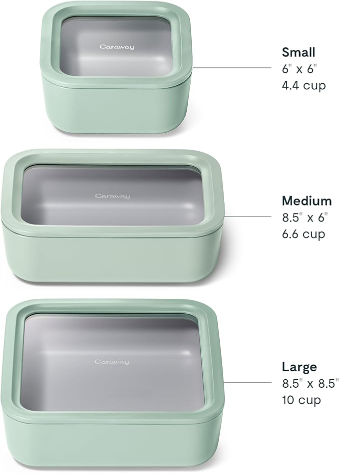 Caraway 3pc Glass Food Storage Set ??10 Cup, 6.6 Cup, & 4.4 Cup Food Containers - Ceramic Coated - Non Toxic Non Stick Lunch Box with Glass Lids - Dishwasher, Oven, & Microwave Safe - Mist