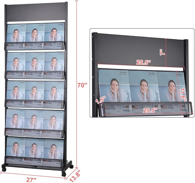 floor magazine rack brochure display stand for offices and public reception area竊똪iterature rack with 4 Universal wheels (70"횞27횞13.8")