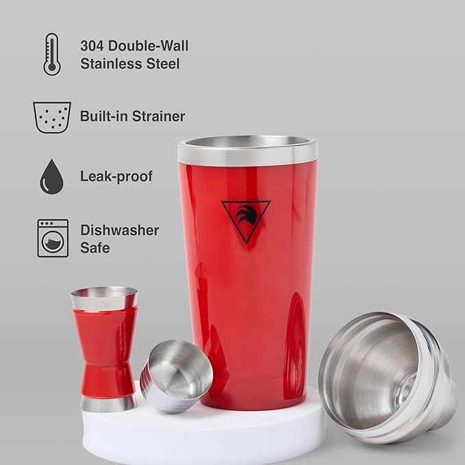 Cocktail Shaker Set 17oz ??Red Stainless Steel Cobbler Shaker with Jigger, Leak-Proof & Non-Slip Base ??Premium Bar Tool