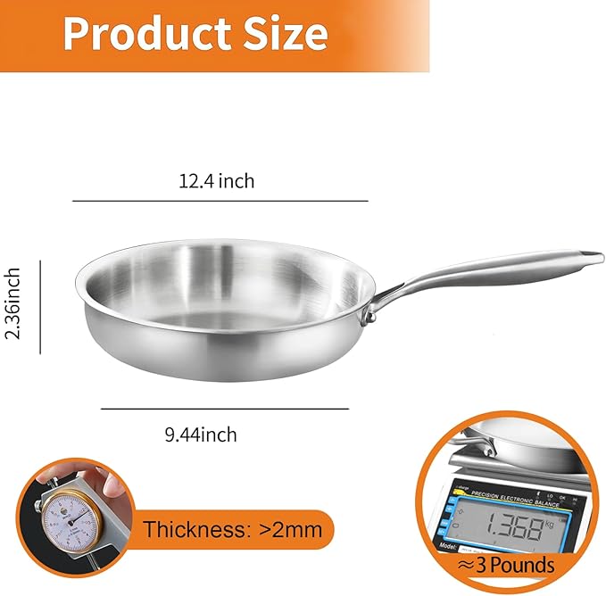 DELARLO Tri-Ply Stainless Steel Frying Pan, All Cooktops Compatible Up to 600?? Oven Safe Induction Skillet, 12.5 inch Non toxic Cooking Surface, Fast & Even Heat, Durable Cookware