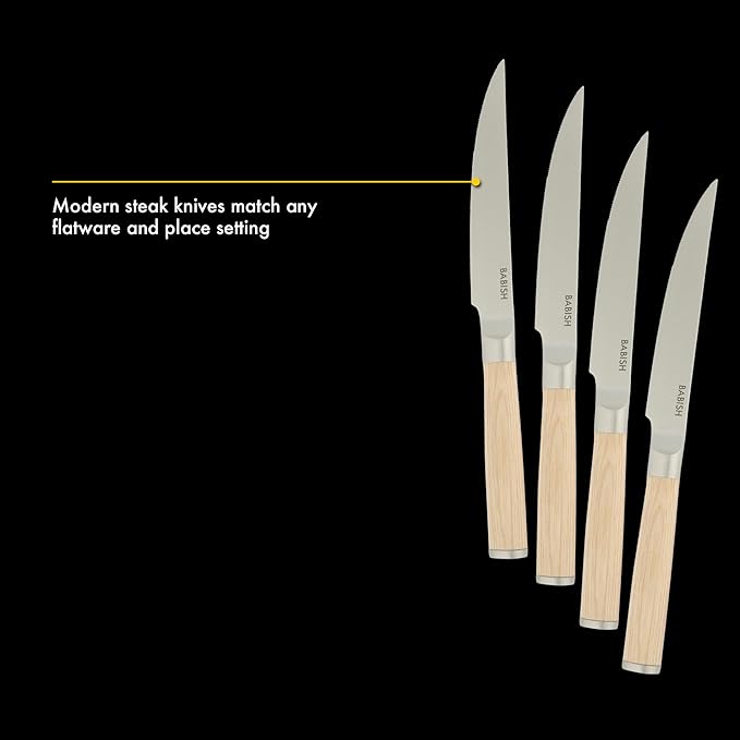 Babish 4-Piece 1.4116 German Stainless Steel Steak Knife Set with Light Pakka Wood Handles ??Full-Tang Steak Knives for Dining, Entertaining & Everyday Table Use