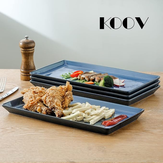 Ceramic Serving Tray, 14 Inches Large Platter, Rectangular, Porcelain Plates, Dishes for Dinner, Party, Sushi, Dessert, Food, Set of 4 (Stone Blue)