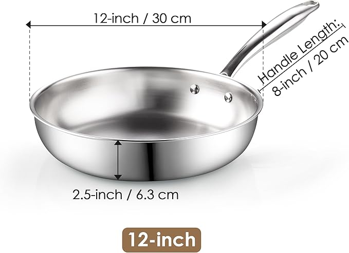 Cook N Home 12-inch Stainless Steel Frying Pan, Tri-Ply Clad 18/10 Stainless Steel Skillet Saut챕 Cooking Fry Pan, Induction Cookware, Silver