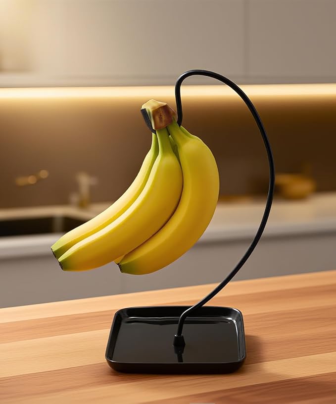 VROOMIUM Banana Holder Stand with Ceramic Bowl - Holds Up to 5 Pounds Bananas, Hassle-free Cleaning, Stylish and Chic Design Banana Rack, Black