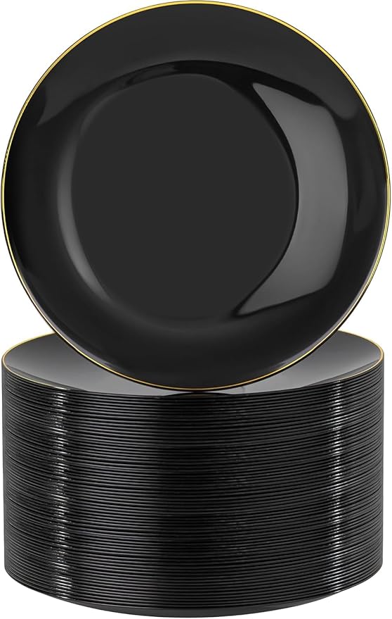 Nervure 100 Pieces Black Plastic Plates - 7.5inch Black Dessert Plates - Disposable Gold Plastic Plate - Disposable Plate Ideal for Wedding & Party & New Year