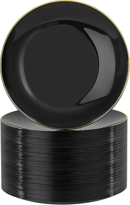 Nervure 100 Pieces Black Plastic Plates - 7.5inch Black Dessert Plates - Disposable Gold Plastic Plate - Disposable Plate Ideal for Wedding & Party & New Year