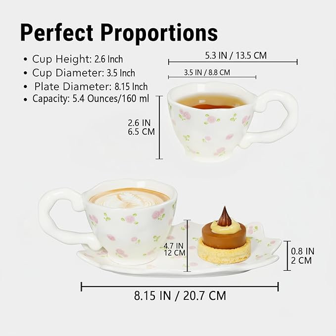 Unique Ceramic Tea Cup and Saucer Set, Coffee Mug, Cup and Saucer Set, Cute Fancy Girly Afternoon Tea Set Purse Gift, 5.4 oz/160 ml Vintage Style, For Women and Tea Parties, Pink flowers