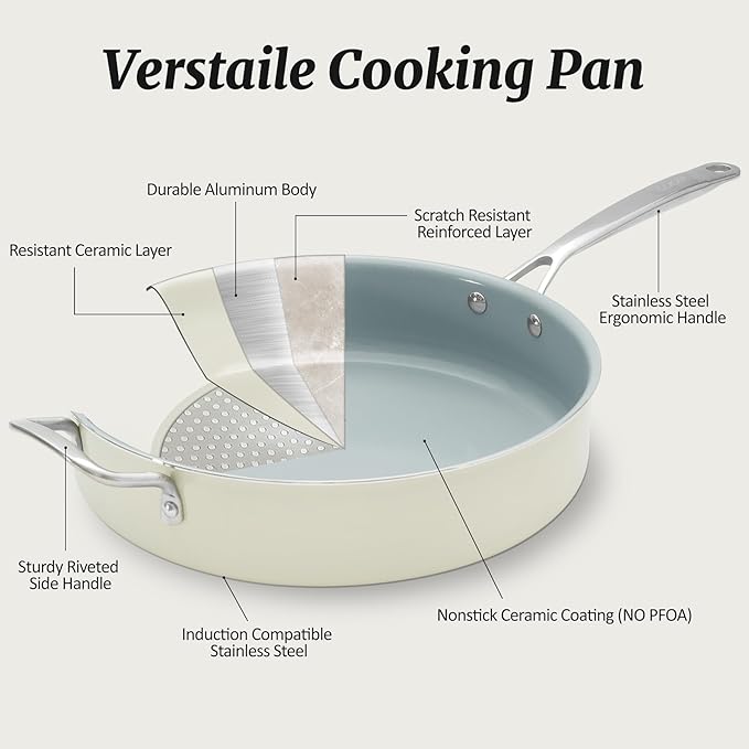 Nonstick Saut챕 Pan with Lid 5 QT Deep Frying Pan with Stainless Steel Helper Handle 12 inch Large Skillet Ceramic Jumbo Cooker for Healthy Cooking, Induction Compatible Cookware, PFOA Free