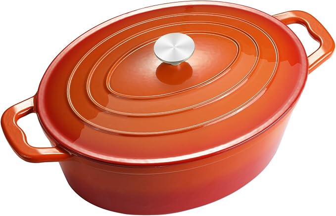 Enameled Oval Dutch Oven Pot with Lid, 8 QT Cast Iron Dutch Oven with Dual Handles for Cooking, Bread Baking, Frying, Non-stick Enamel Coated Oven (8 QT Orange)