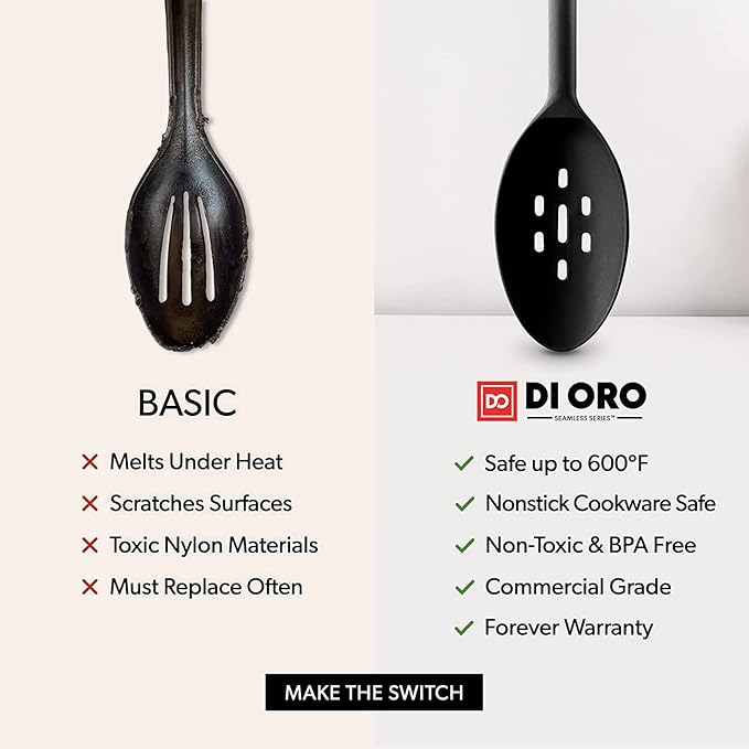 DI ORO Silicone Spoons for Cooking - Large Kitchen Spoons for Mixing, Serving, & Stirring - 600째F Heat-Resistant Non Stick Utensils ??Big Solid & Slotted - Dishwasher Safe (2pc, Black)