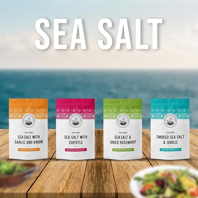 Colima Sea Salt New Flavors - 100% Natural Flaky Sea Salt With Four Different Flavors - Hand Harvested & Unrefined - For Meats, Vegetables, Grains, & Other Food - Organic Flaky Salt