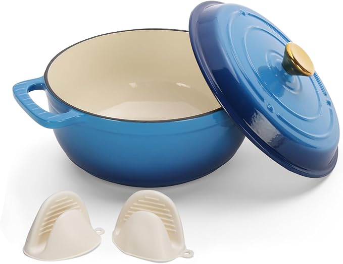 Dutch Oven Pot with Lid, 5 Quart Enameled Cast Iron Dutch Oven, Dual Handles, Kitchen Pots Oven Safe up to 500째F, Stovetop Compatible, Marinate, Cook, Bread Baking, Refrigerate & Serve, Blue