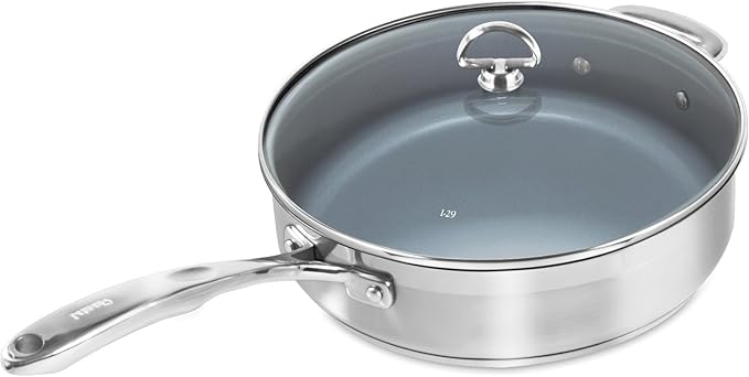 Chantal Induction 21 Steel 5 quart NonStick Saute Pan with Tempered Glass Lid, Ceramic Non Stick, Brushed Stainless Steel