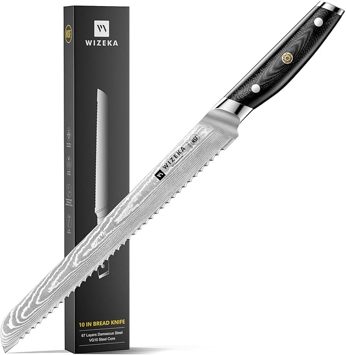 WIZEKA 10 inch Damascus Serrated Bread Knife for Homemade Bread: Razor Sharp VG10 Damascus Steel Multifunction Serrated Knife for Slicing Homemade Bread, Bagels, Cake