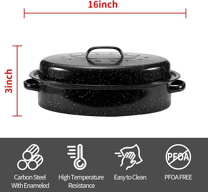 Granite Roasting Pan, Medium 16??Enameled Roasting Pan with Domed Lid. Oval Turkey Roaster Pot, Broiler Pan Great for Small Turkey, Chicken, Ham, Dishwasher Safe Fit for Roast 12Lb Bird by Kendane