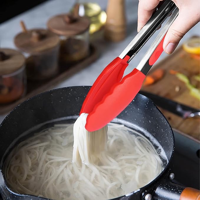 7-Inch Mini Silicone Tongs Small Serving Tongs for Appetizers, Set of 3 (Red)
