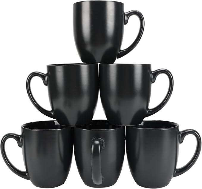 Schliersee 16 OZ Black Coffee Mugs Set of 6, Large Porcelain Mug for Cup for Latte, Tea, Cappuccino, Mocha, Cocoa, Housewarming Wedding Stoneware Mug Present