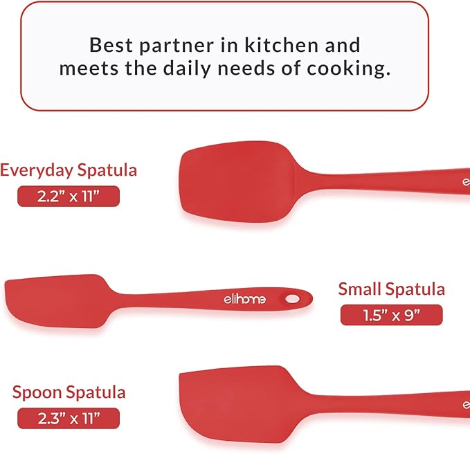 Elihome Chef Series 3 Piece Silicone Spatula Set - 600째F Heat Resistant Non Stick Rubber Kitchen Scraper Spatulas for Cooking, Baking, and Mixing ??BPA Free and LFGB Certified Silicone (Red)