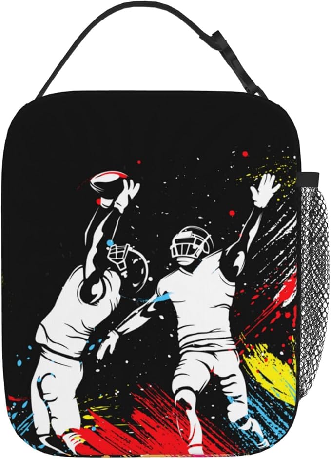 Sports-themed Lunch Bag for Boys Football Insulated Lunch Box with Football Players Pattern Print, Black Cooler Thermal Lunch Bag Tote Handbag with Water Bottle Holder for Kids Teens Youth Adults