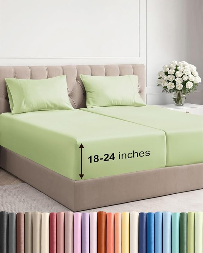 Extra Deep Pocket Split King Sheets - 5 Piece Breathable & Cooling Bed Sheets - Hotel Luxury Bed Sheet Set - Soft, Wrinkle Free & Comfy - Easily Fits Extra Deep Mattresses - Light Sage Green Sheets