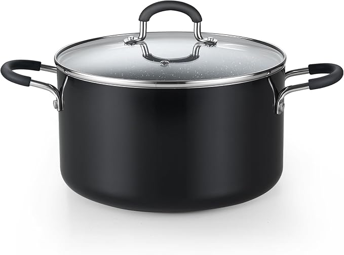 Cook N Home 6-Quart Nonstick Stockpot with Lid, Professional Granite Stock Pot Non Stick Soup Gumbo Pasta Cooking Pot with Silicone Handle, Heavy Gauge Aluminum Induction Cookware, Marble