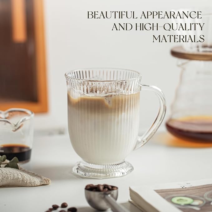 KEMORELA 4-Pack Ribbed Glass Coffee Mugs with Handle, Clear Large Coffee Mug 16 Oz With Handles for Hot Beverages, Durable Tea & Espresso Cups, Stylish Drinkware Set