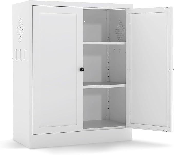 34.5" Metal Storage Cabinet with 2 Adjustable Shelves, Kitchen Pantry Cabinet with Ventilation Holes and Hooks for Home, Living Room, Pantry (White)