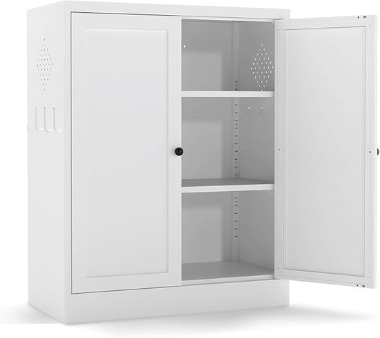 34.5" Metal Storage Cabinet with 2 Adjustable Shelves, Kitchen Pantry Cabinet with Ventilation Holes and Hooks for Home, Living Room, Pantry (White)