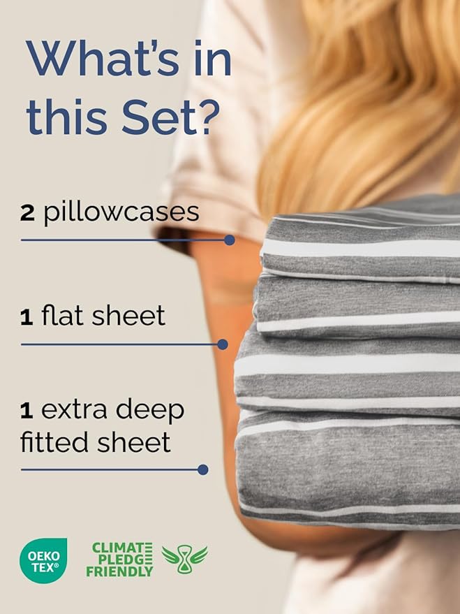Extra Deep Pocket Full Sheets - 4 Piece Breathable & Cooling Bed Sheets - Hotel Luxury Bed Sheet Set - Soft, Wrinkle Free & Comfy - Easily Fits Extra Deep Mattresses - Deep Pocket Grey Striped Sheets