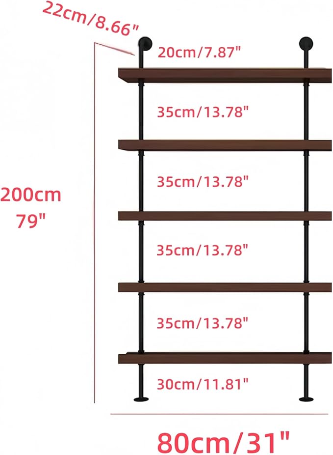 31 Inch Industrial Wall Mounted Wine Rack, 5-Tier Rustic Metal Floating Shelves, Large Capacity Wall Bar Shelves for Liquor Bottles for Home Bar & Dining Room, Walnut(Without Lights)
