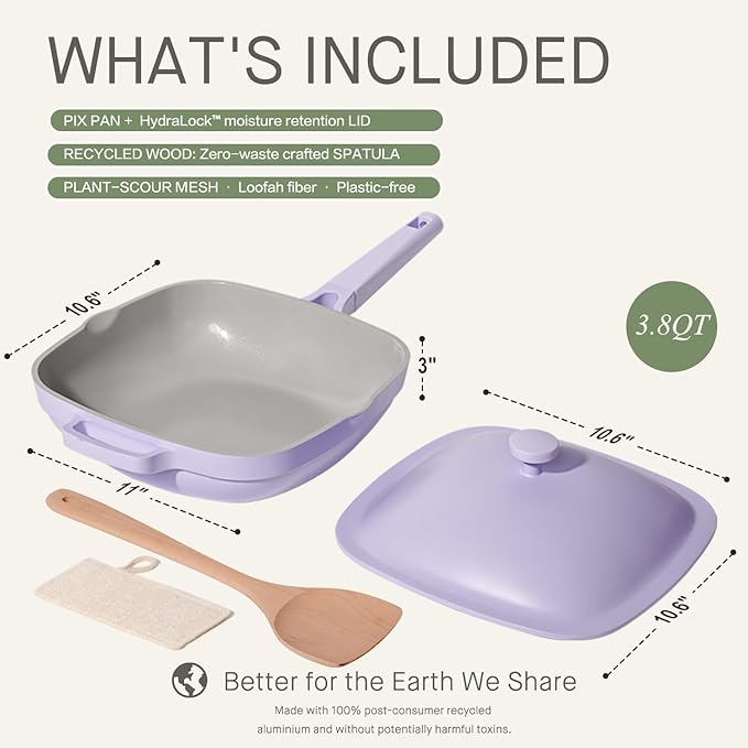 10.5 Inch(3.8QT) Ceramic Pan with Lid,Non Stick Frying Pans Cast Aluminum Deep Saut챕 Pans,Ti-Ceramic Non Toxic Pix Pan with Wooden Spatula and Scrubber-Dusk Petal
