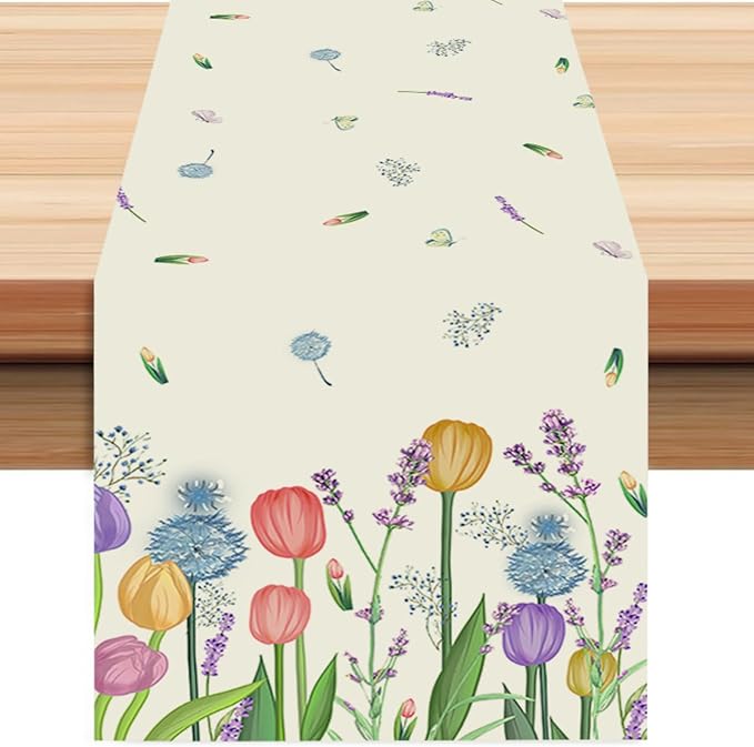 ZCHOMI Lavender Tulip Table Runner 13x72 Inch Seasonal Spring Summer Kitchen Dinning Table Decoration for Indoor Outdoor Home Party Decor