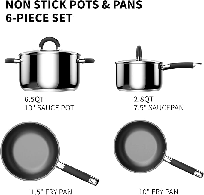 Pots and Pans Set, Stainless Steel Cookware Set of 6, Non Stick Frying Pans, 5 Ply Base Dishwasher Safe
