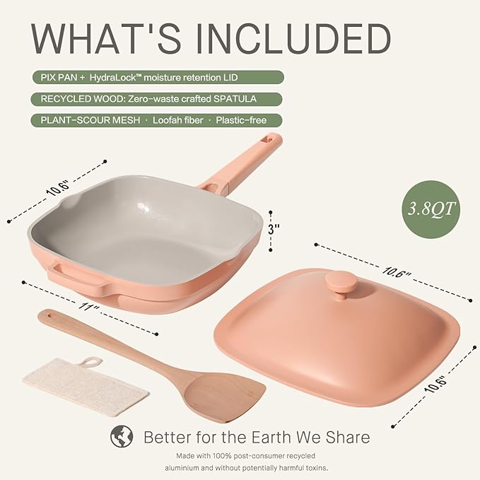10.5 Inch(3.8QT) Ceramic Pan with Lid,Non Stick Frying Pans Cast Aluminum Deep Saut챕 Pans,Ti-Ceramic Non Toxic Pix Pan with Wooden Spatula and Scrubber-Desert Clay