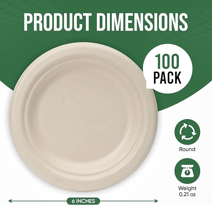 Paper Plates 6 Inches, 100 Pack Disposable Plates ??100% Compostable Plates, Water & Oil Proof Dessert Plates, Microwavable Small Paper Plates, Perfect Paper Plate For Party - Brown