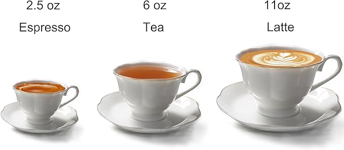 Guangyang 12 Pieces Tea Cup set Fine Porcelain 6oz Cup and Saucer set of 6 for Cappuccino Tea Flat White Coffee