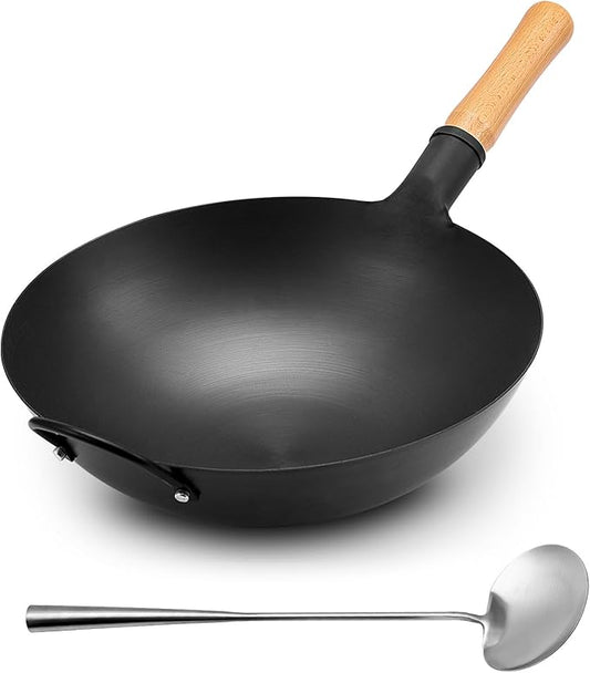WANGYUANJI Iron Wok,13.38 inchTraditional Round-Bottom Wok, Chef?셲 Professional Stir-Fry Pan with Wooden Handle, Chemical-Free Wok for Gas Stoves and Round-Bottom Induction Stovetop(No lid included)