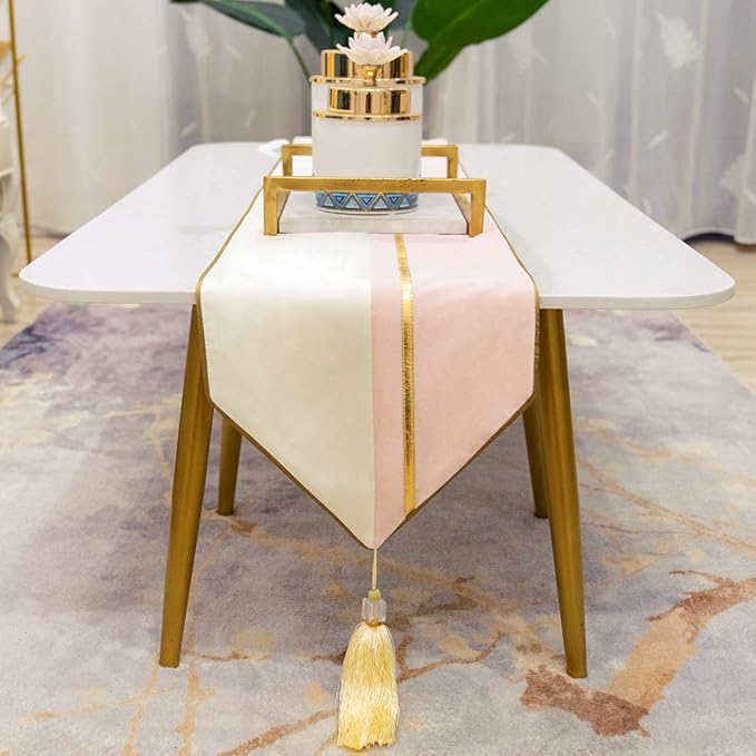 Avigers 12 x 59 Inch Decorative Luxury Pink White Gold Leather Striped Patchwork Velvet Table Runners with Tassels for Home Living Room Bedroom Art Decor Wedding