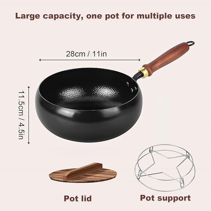Japanese Frying Pan, Woks & Stir-Fry Pans with Stainless Steel Pot Support, Nonstick Wok, No Chemical Coated Flat Bottom Hand Hammered Chinese Wok For Gas (Wooden lid, 28)