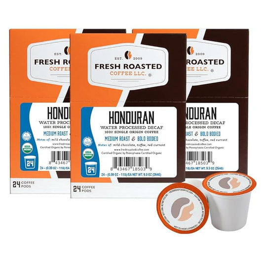 Fresh Roasted Coffee, Organic Honduran Water-Processed Decaf | USDA Organic, 100% Single Origin, Kosher | Medium Roast RFA | 72 Pods for K Cup Brewers